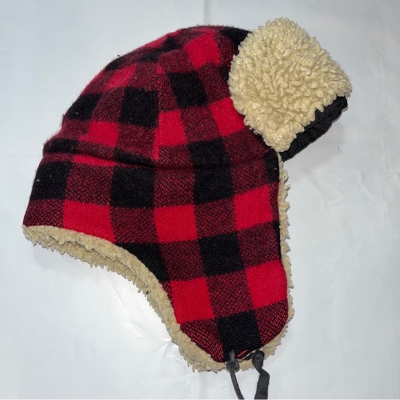 Red black CHECKERED Trapper HAT wool SHERPA fleece Ear FLAPS Tie Straps quilted - Picture 7 of 14